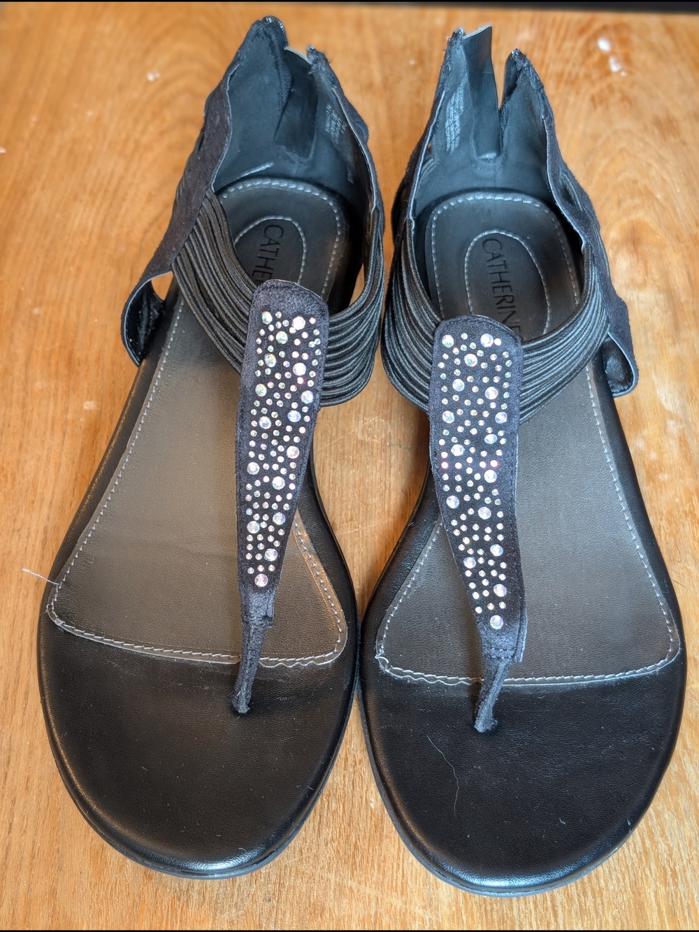 Catherines Black Rhinestone T-Strap Sandals In 8 Wide